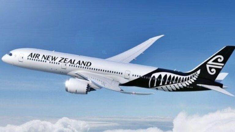 Air New Zealand passenger jet in blue sky, white fuselage with black fern-tail design.