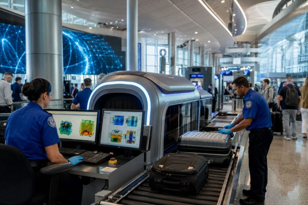 Airport security screening: officers monitor luggage on a belt-fed CT scanner with two computer monitors displaying bag images.