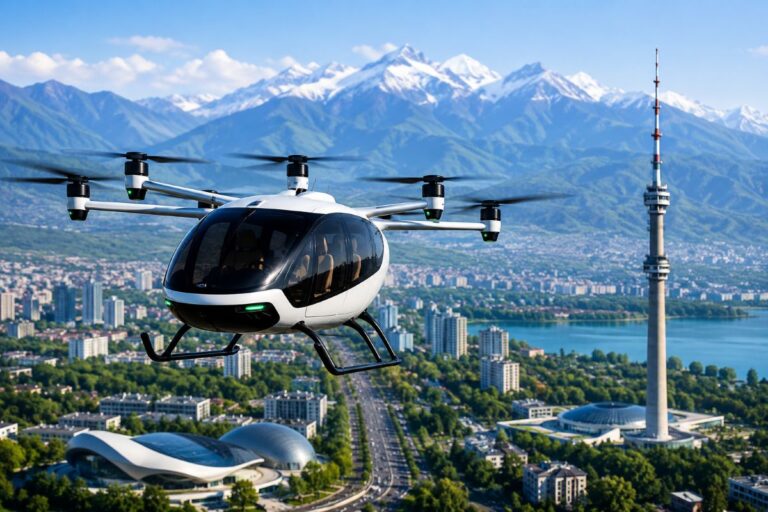 White quadcopter drone flying over a city with a river, mountains, and a tall communications tower in the background.
