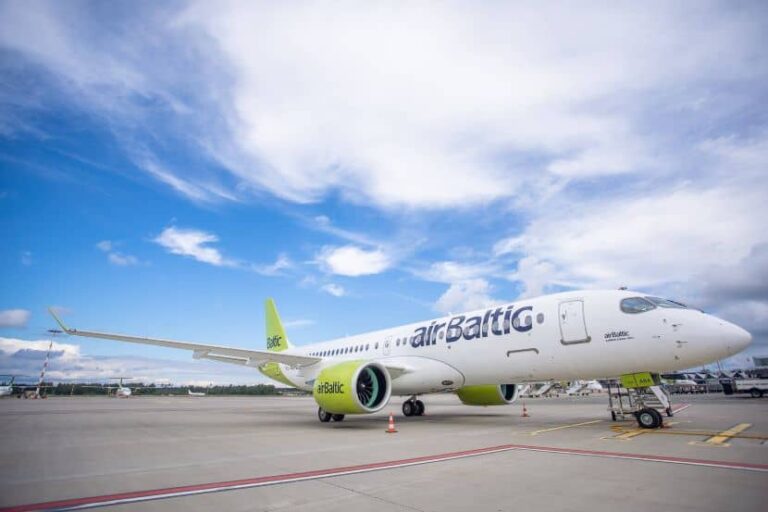 Air Baltic passenger jet on the tarmac with a bright lime-green engine nacelle and tail, ready at the gate under a blue sky with scattered clouds.