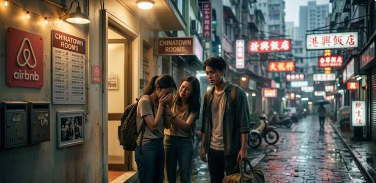 Three young friends in Chinatown at night; one girl shields her face while the others comfort her near an Airbnb entrance under neon lights in the rain.