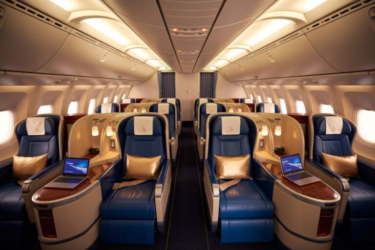 Premium airplane cabin with two-aisle business-class seats, blue leather lounges, and wooden desks; laptops open on tray tables.