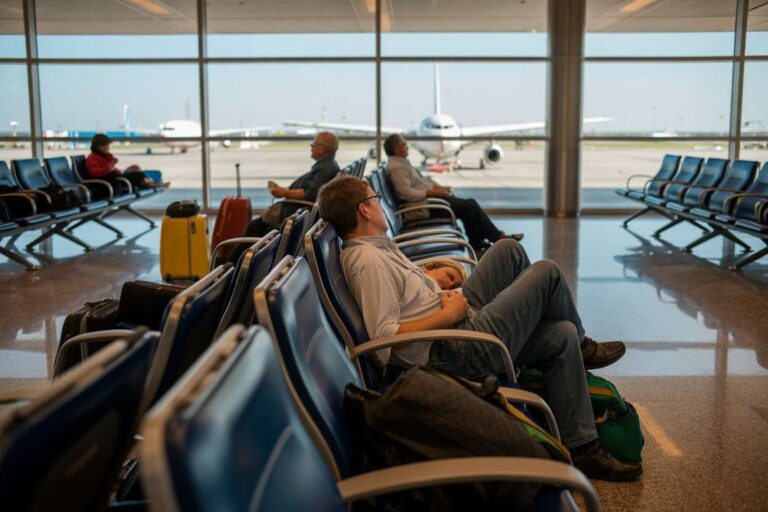 Man rests his head on a woman's shoulder as they sit in a modern airport terminal, with suitcases nearby and airplanes visible through large windows.