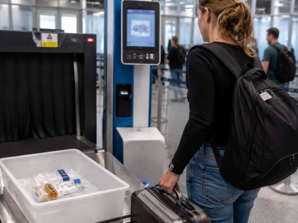 Traveler with a backpack and rolling suitcase at an airport security checkpoint.