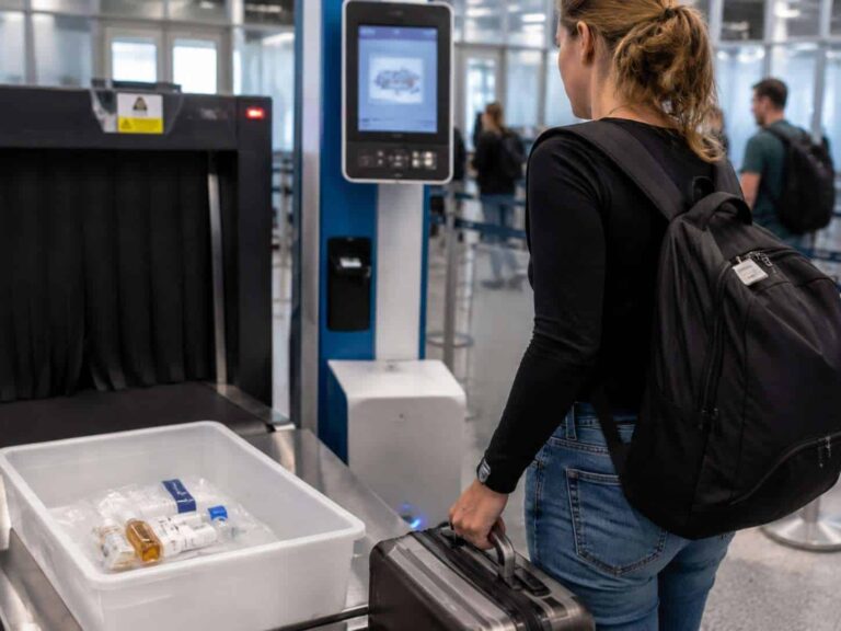 Traveler with a backpack and rolling suitcase at an airport security checkpoint.