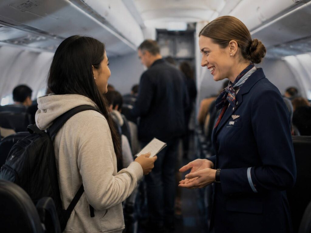 Flight attendant in a navy uniform talks to a passenger with a backpack in the airplane aisle, handing over a card or ticket.
