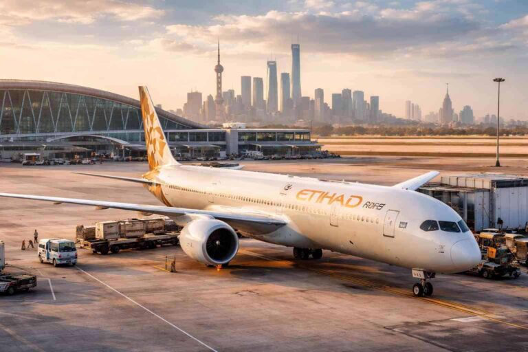 Etihad Airways airplane parked at a gate on a sunlit apron with a modern terminal and a distant city skyline in the background, at sunset.