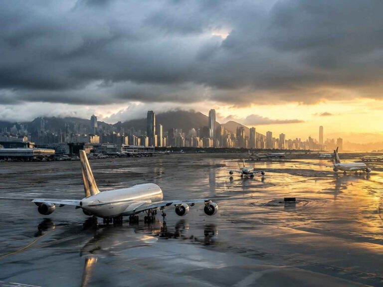 Airplanes parked on a wet airport tarmac at sunset with a city skyline and mountains in the background.