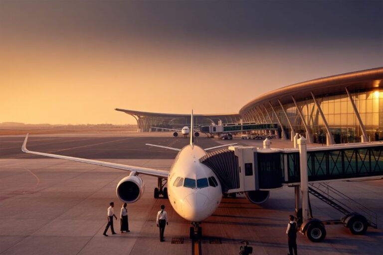 Airplane parked at a gate with a jet bridge attached during sunset at a modern airport.
