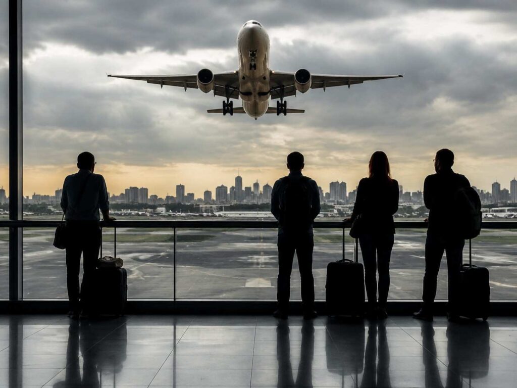 Passengers with rolling suitcases watch a landing plane from a glass-walled airport terminal as the city skyline appears in the distance at dusk