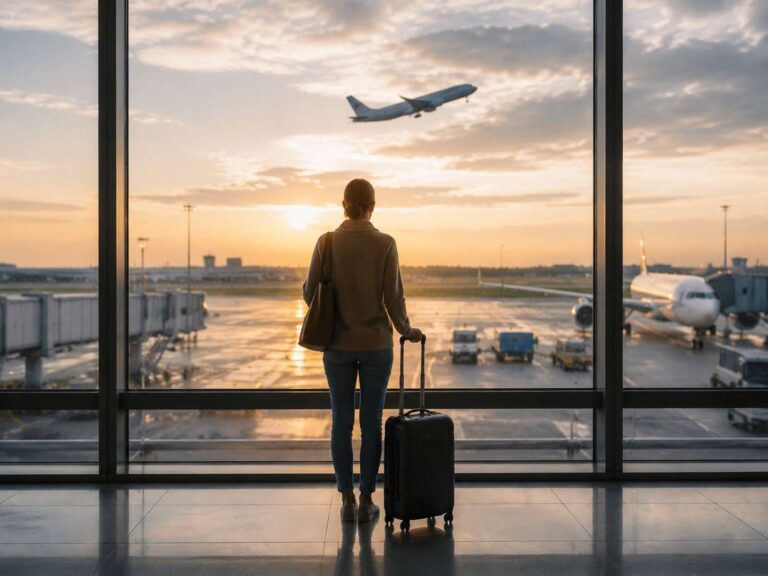 Traveler standing with a rolling suitcase, facing a sunset runway as a plane takes off.