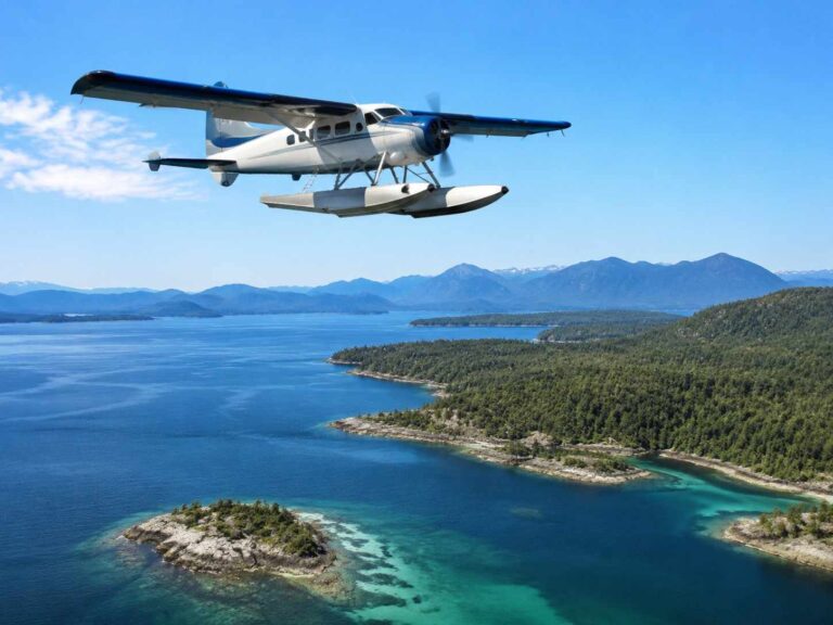 Seaplane flying over turquoise water with forested coastline and distant mountains under a clear blue sky.