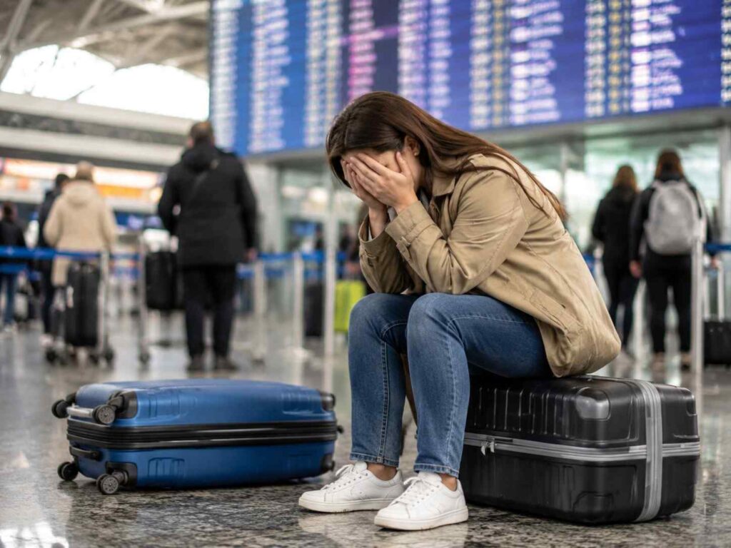Woman sitting on a blue suitcase in an airport, hands covering her face in distress, other travelers in the background.