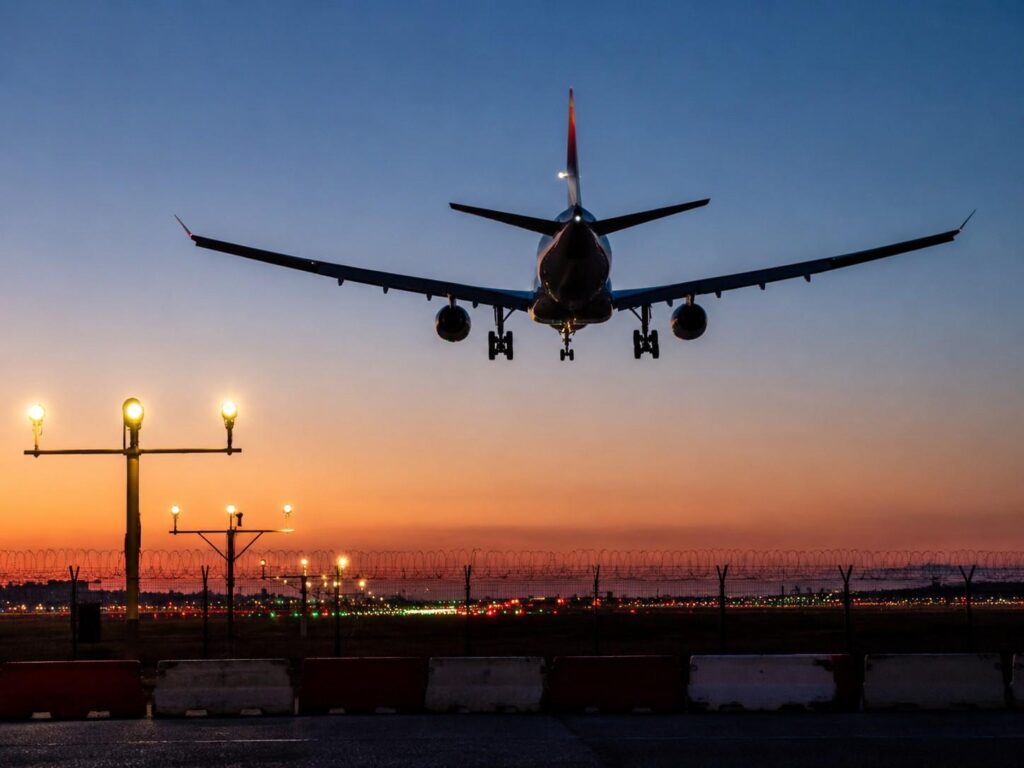 Airliner descending toward the runway at dusk, lights on approach, with airport perimeter fencing and runway lights visible below.