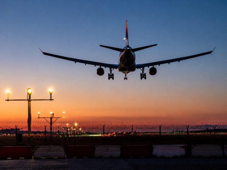 Airliner descending toward the runway at dusk, lights on approach, with airport perimeter fencing and runway lights visible below.