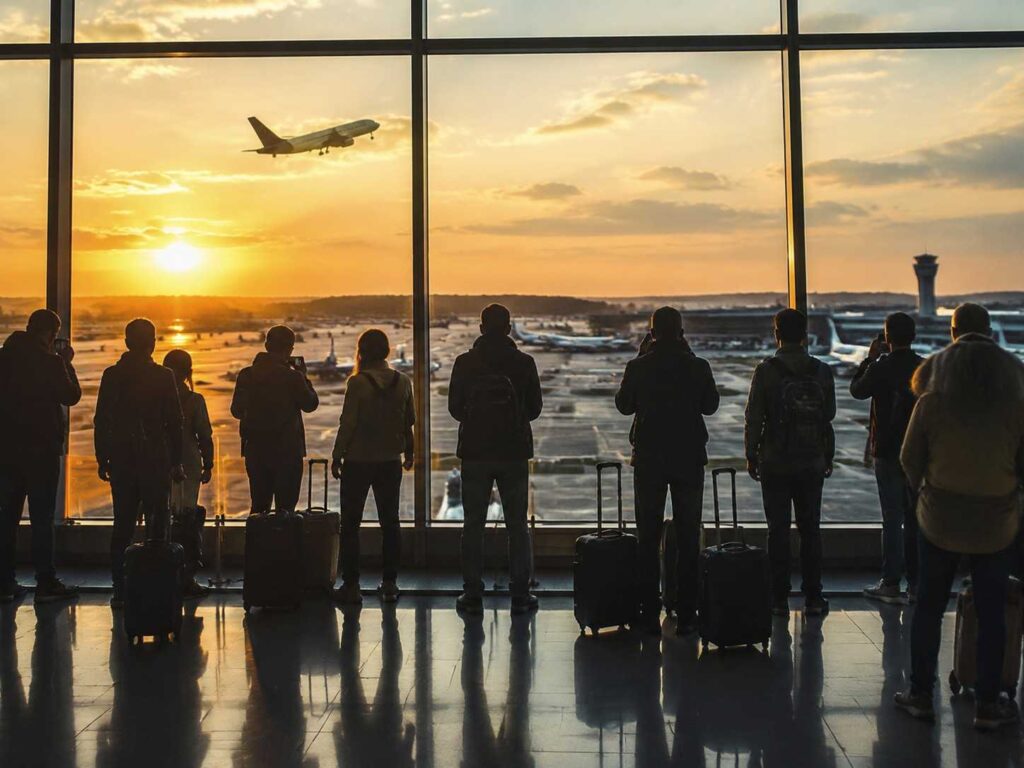Silhouetted travelers with wheeled suitcases wait at a large window as a plane takes off at sunset, with the tarmac visible outside.