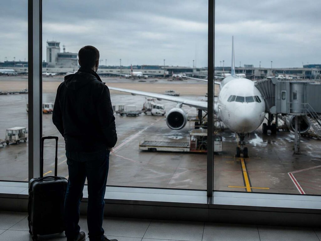 Man with a rolling suitcase stands at the terminal window, watching a jet at the gate outside.
