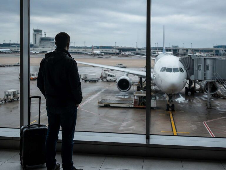 Man with a rolling suitcase stands at the terminal window, watching a jet at the gate outside.