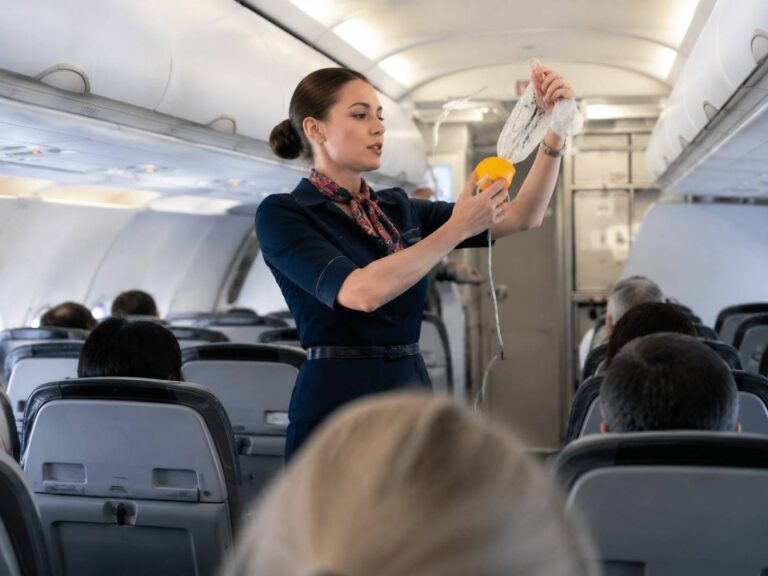 Flight attendant in a navy uniform pours liquid from a bag into a yellow cup for passengers inside an airplane cabin.