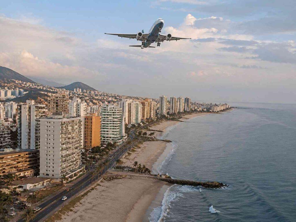 Airplane flying above a coastal city with high-rise buildings along a sandy beach and calm sea.