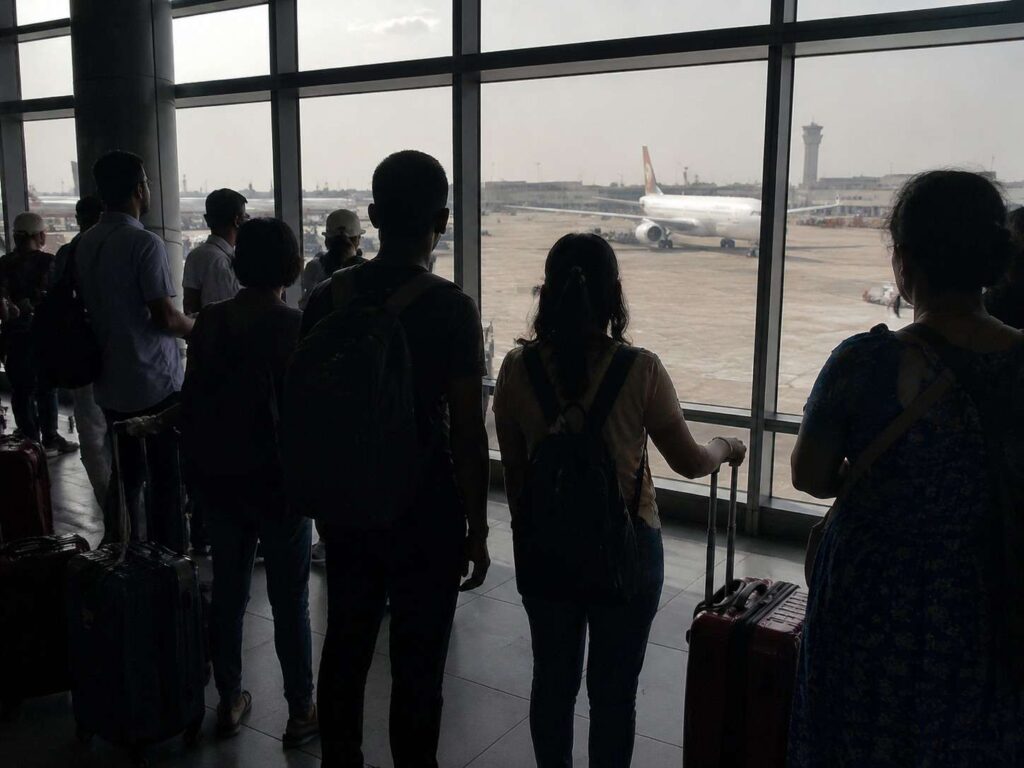 Group of travelers with rolling luggage standing at a large window in an airport, watching a airplane on the tarmac outside. A control tower is visible in the distance.