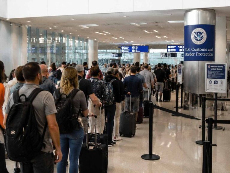 Crowded airport security line with travelers and rolling suitcases, U.S. Customs and Border Protection sign visible on a column in the background.