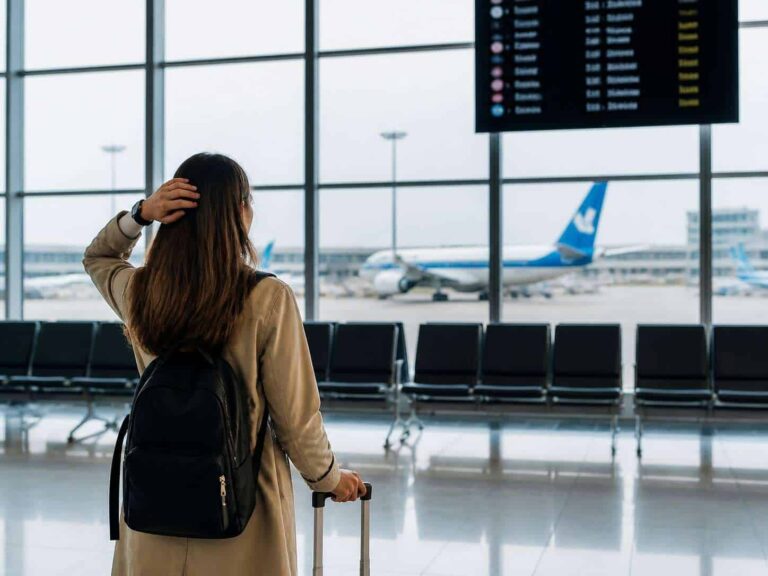 Traveler with a black backpack and rolling suitcase stands in an airport, facing a departure board as planes taxi outside the glass wall.