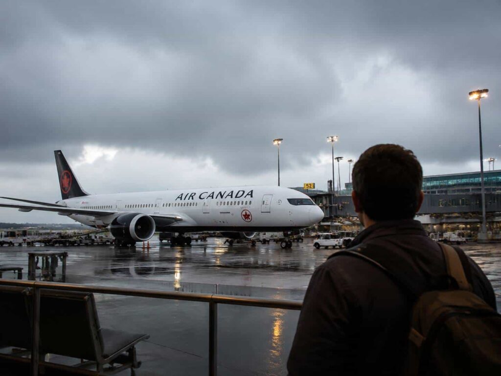 Air Canada jet at the gate on a rainy tarmac, a traveler with a backpack watching nearby.