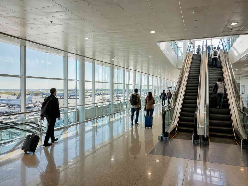 Airport terminal concourse with passengers walking and a right-side escalator, large windows reveal planes on the tarmac.