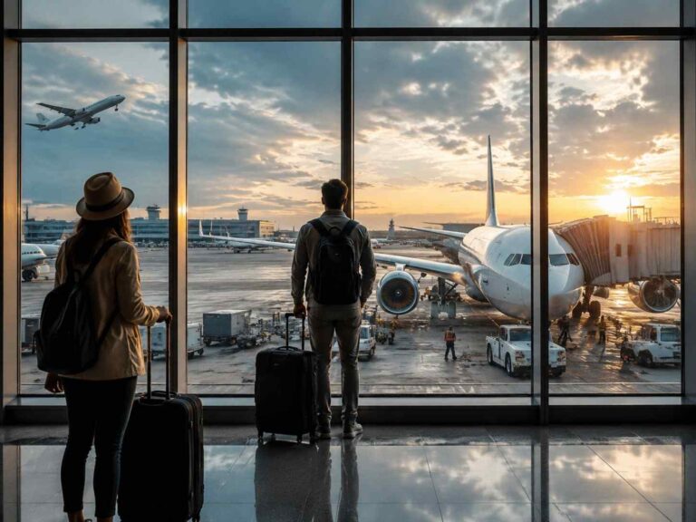 Two travelers with rolling suitcases stand at a large terminal window, watching planes on the tarmac at sunset. Airport activity and a jet bridge are visible outside.
