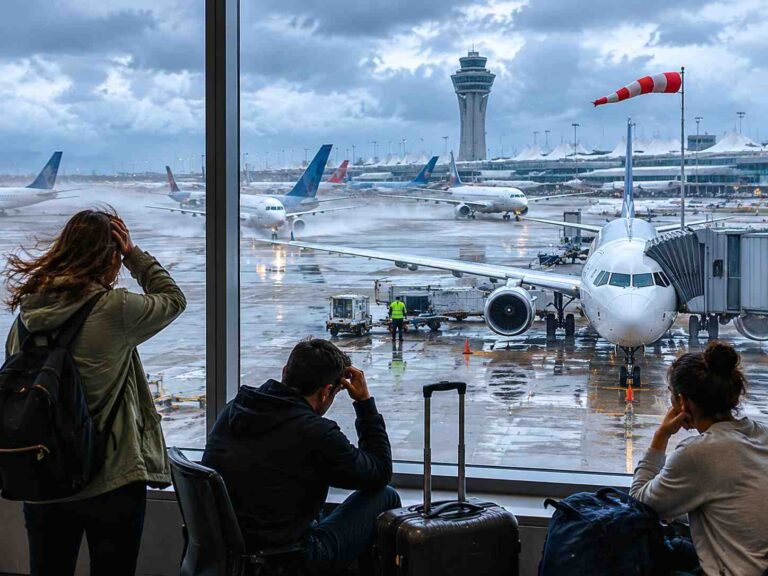 People waiting at a rainy airport terminal looking out at planes on the tarmac, with a control tower in the distance and a windsock nearby.