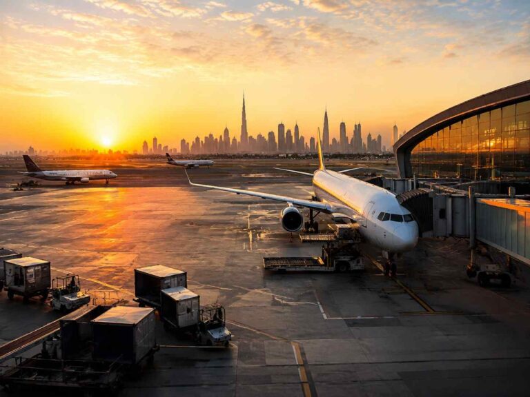 Airplane at a gate during sunset with a city skyline on the horizon and warm orange reflections on the tarmac.