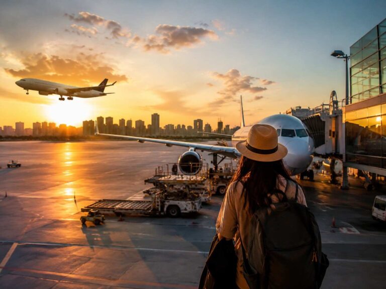 Traveler with backpack and hat watches a plane take off at sunset from the airport gate.