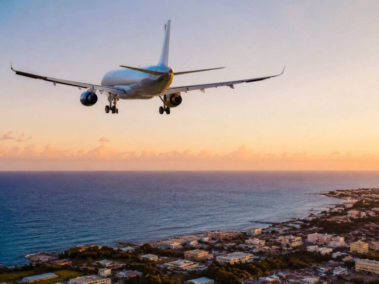 Airplane descending toward a coastal town at sunset over the calm sea.