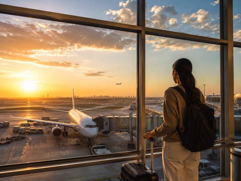 Traveler with a backpack looks out at a jet on the gate at sunset, boarding bridge visible through glass windows