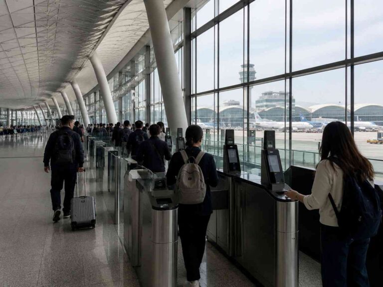 Passengers in a modern airport terminal using self-check-in kiosks along a glass wall; planes visible outside.