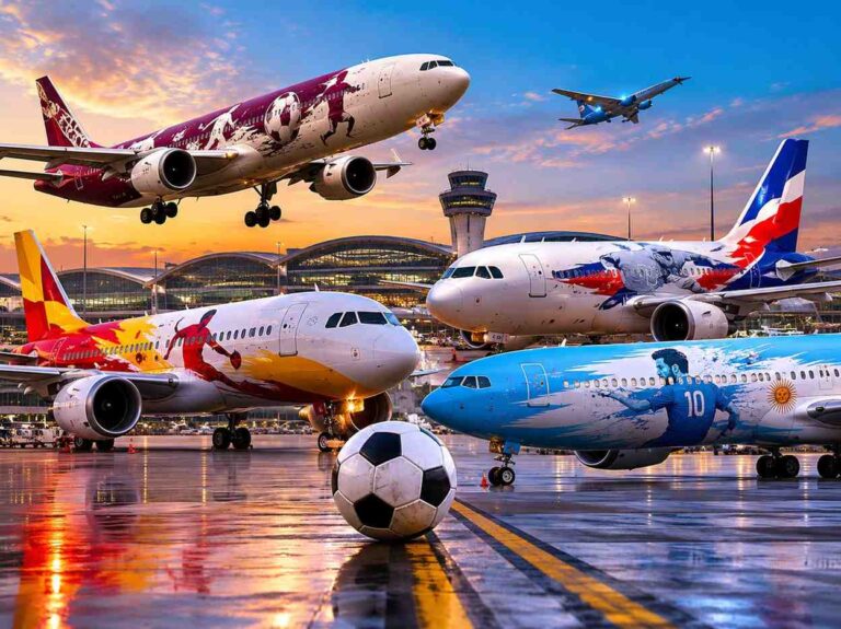 Colorful airplanes on a sunset-lit airport tarmac, with a soccer ball in the foreground.