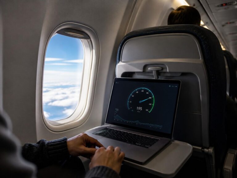 Passenger typing on a laptop on a tray table beside an airplane window, laptop screen shows a circular gauge and '195' Mbps readout.