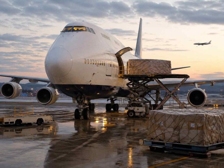 Large white commercial airplane on the tarmac with cargo pallets being loaded from a scissor lift at sunset; wet ground reflects the lights.