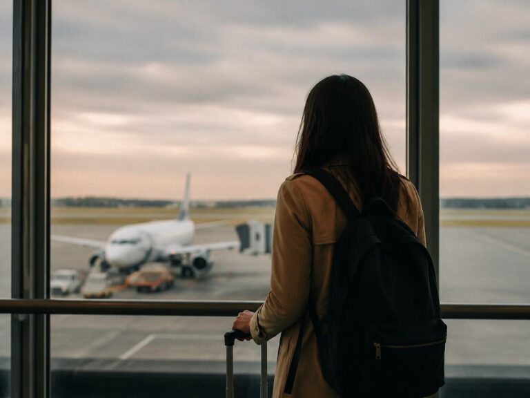 Traveler with a backpack standing at an airport gate, watching a plane on the tarmac.