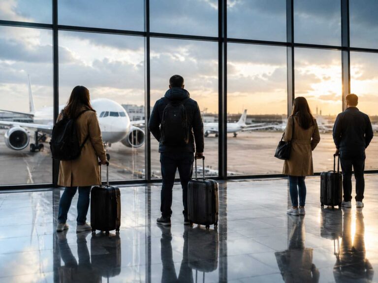 Four travelers with rolling suitcases stand at an airport gate, gazing at airplanes outside the large glass windows at sunset.