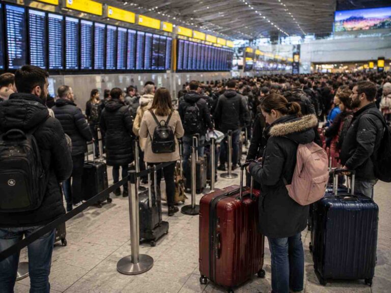 Crowded airport check-in area with travelers in winter coats lined up with rolling suitcases under yellow overhead signs.