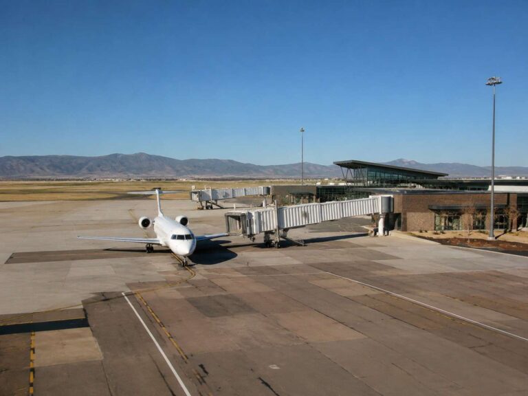 White passenger jet parked at a gate with a jet bridge attached, terminal building on the right and distant mountains under a clear blue sky.