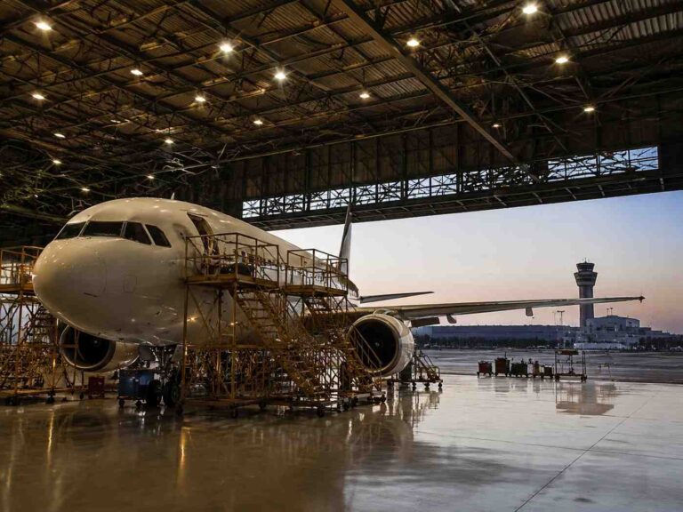 Airliner in a maintenance hangar with scaffolding around the fuselage and jet engines visible, sunset light outside the bay.