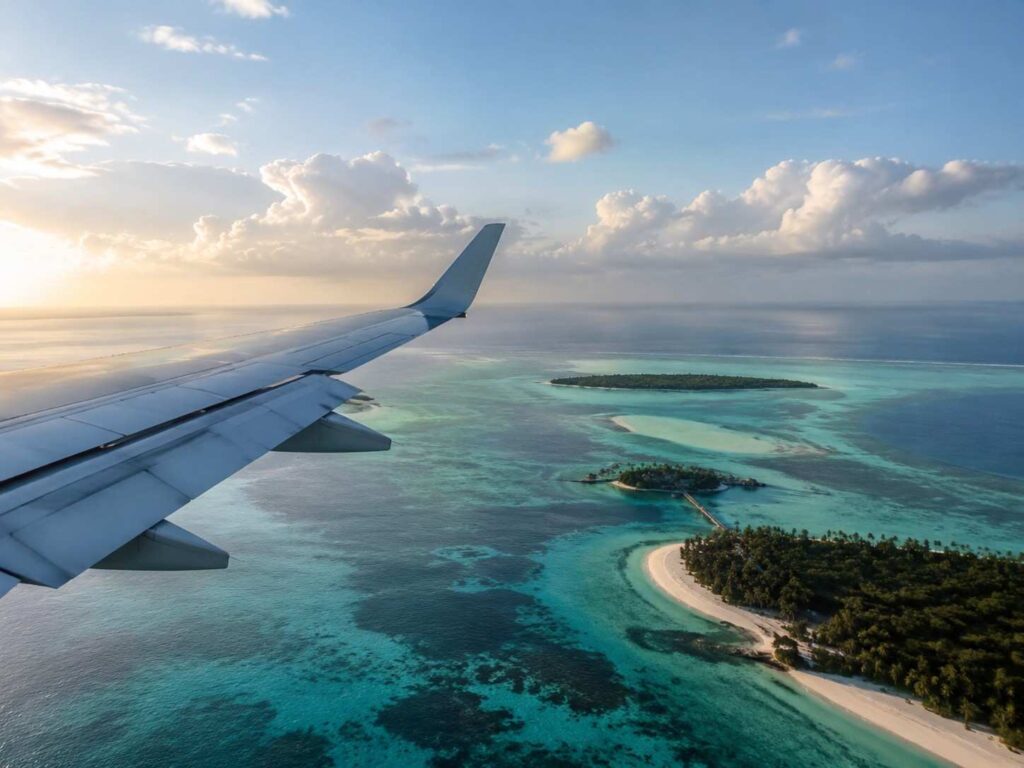 Window view from a plane showing turquoise seas, white-sand beaches, and palm-covered islands below.