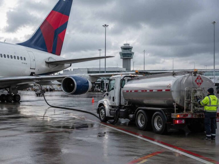 Airplane on the tarmac being refueled by a fuel truck, with a control tower in the background on a cloudy day