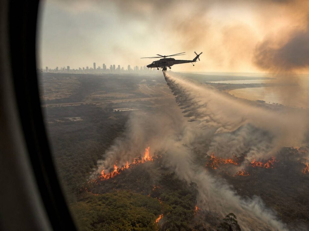 Helicopter drops fire retardant over a forest fire, leaving a trailing plume with a distant city skyline on the horizon.