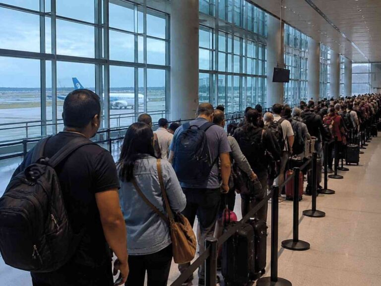 Long line of travelers with backpacks and suitcases waiting behind queue barriers in an airport terminal, with large windows showing planes on the tarmac.