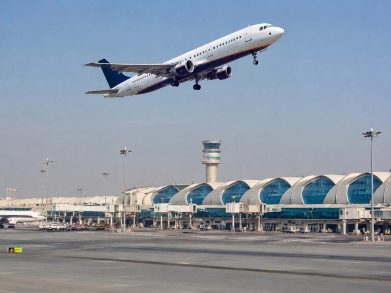 Airplane lifting off above a modern airport terminal with a control tower in the background