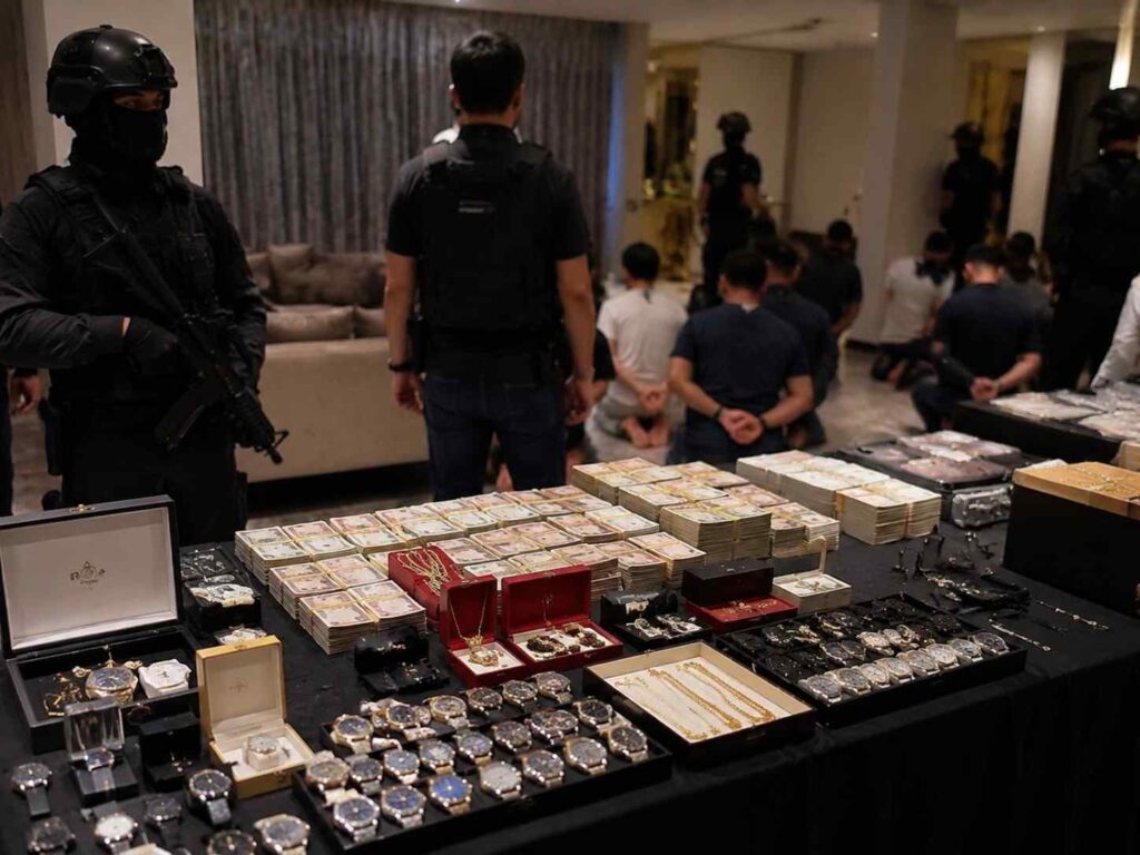 Table full of cash, jewelry boxes, and watches as armed officers in tactical gear guard a valuables display; detainees kneel in the background.